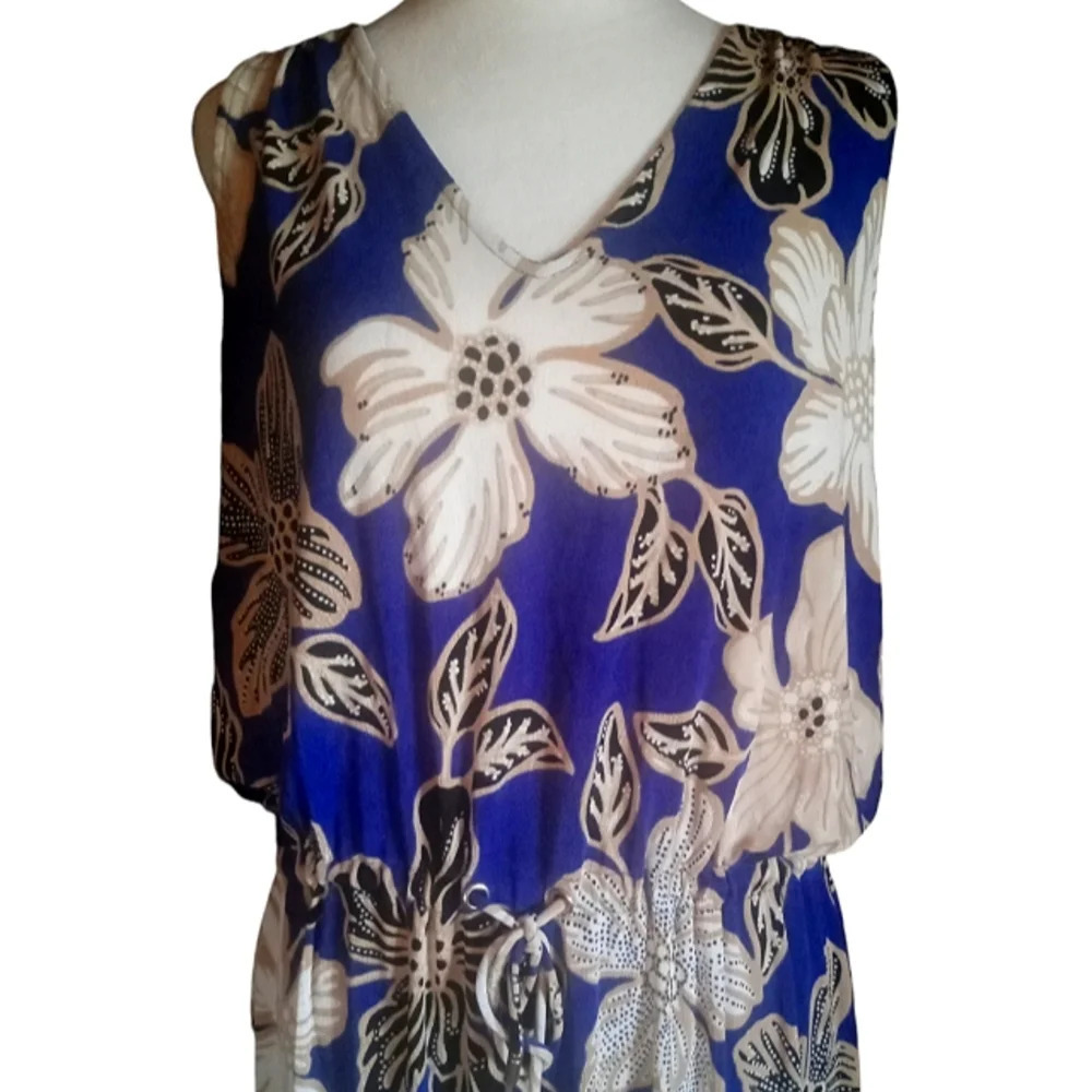 Chico's Travelers Classic Floral Print Drawstring Dress Blue Size Large Petite - Picture 5 of 9
